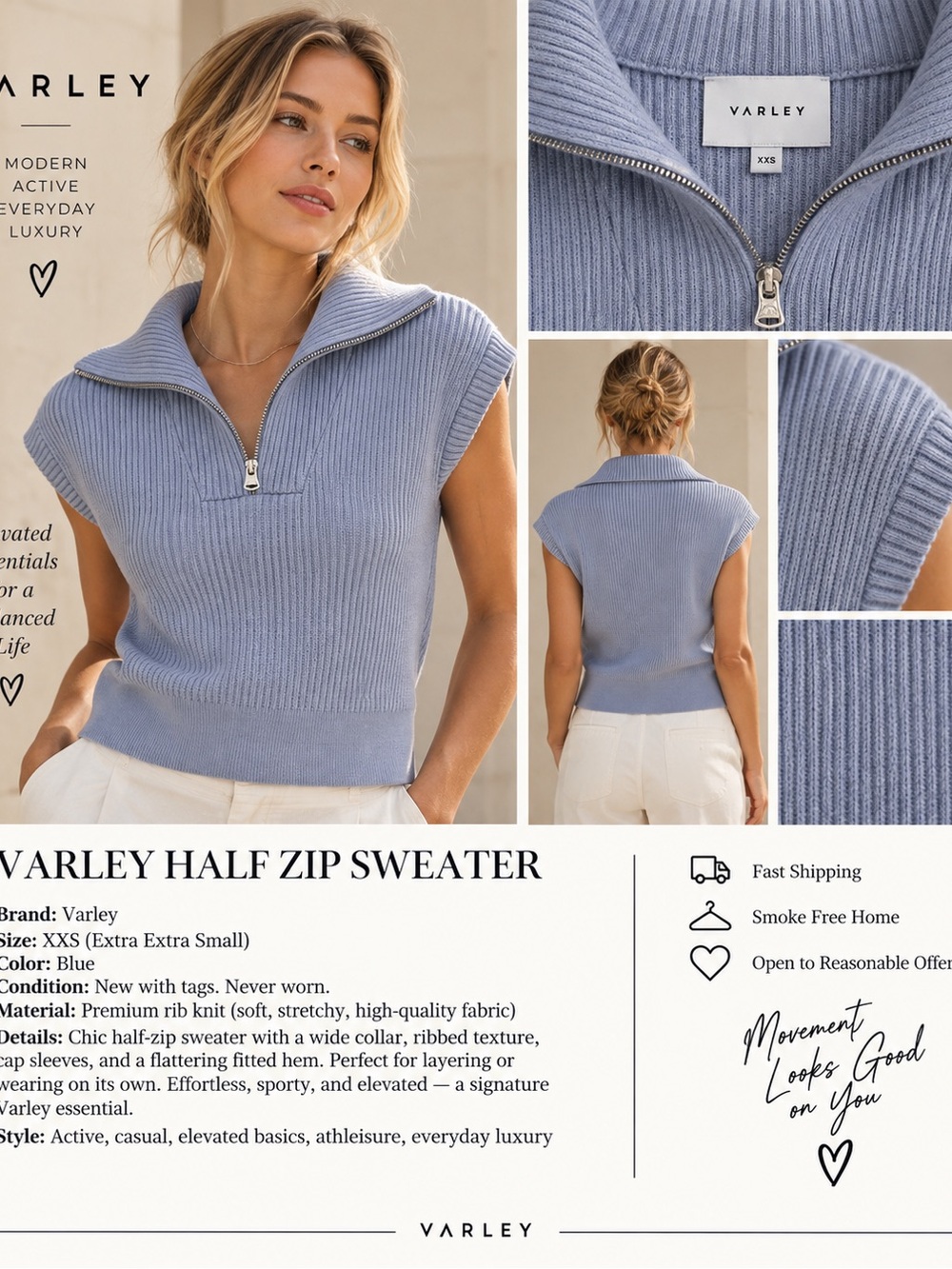 Varley Powder Blue Ribbed Half-Zip Sleeveless Sweater